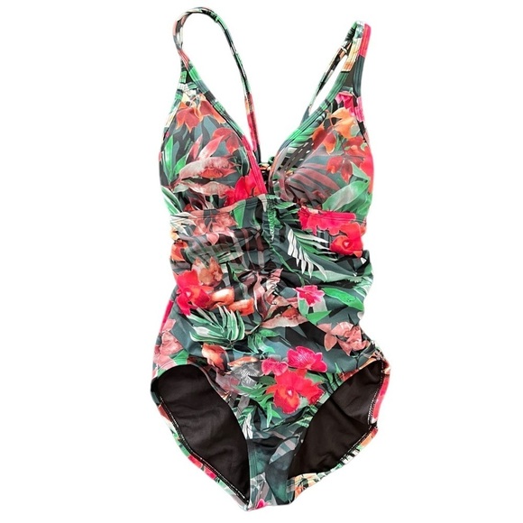 Aqua Green Floral Ruched Swimsuit Size S - Picture 1 of 5